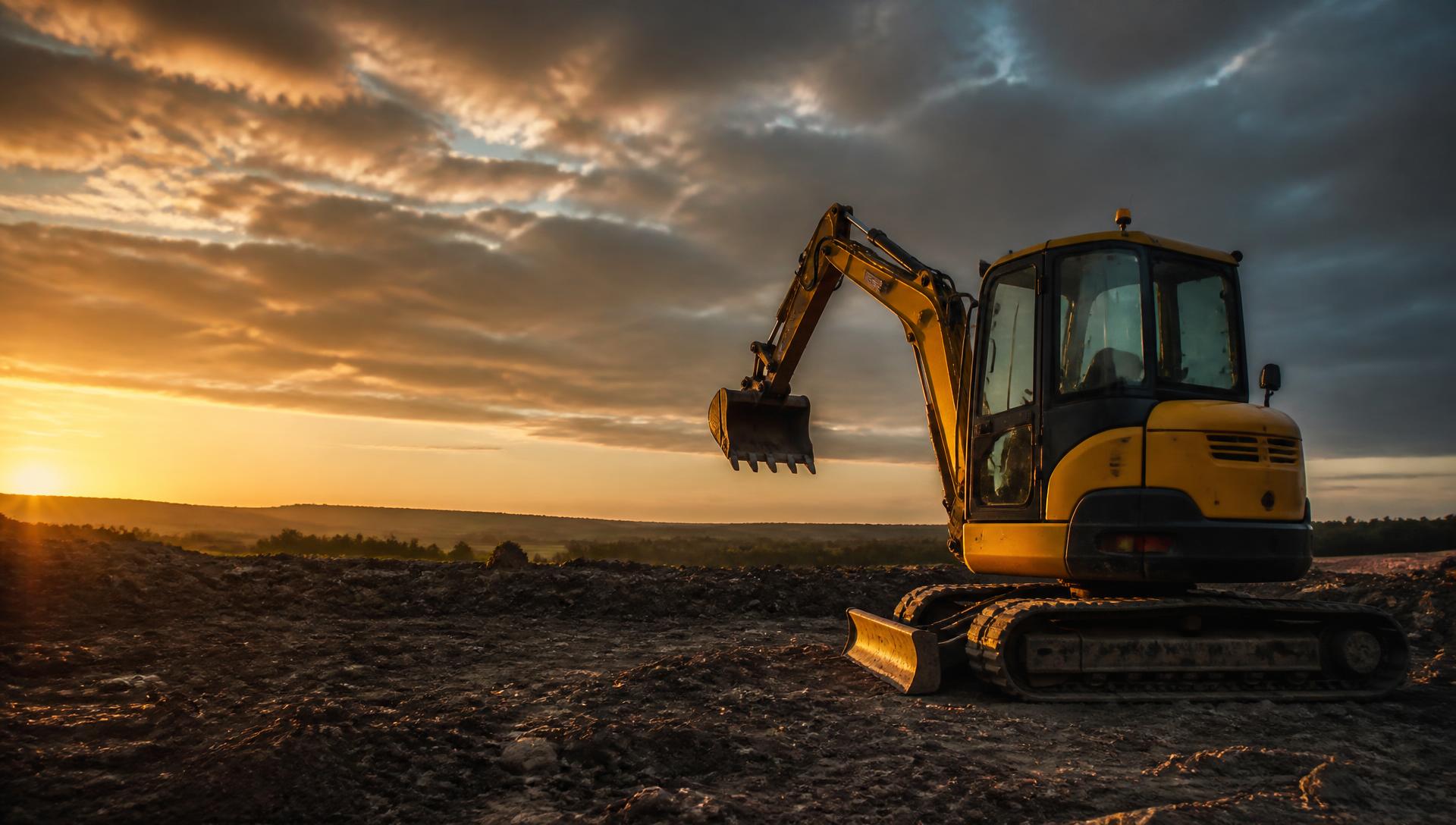 Tracked mini excavator standing on cleared ground at sunset on a North East England site